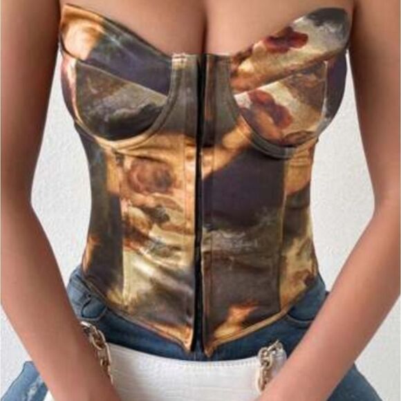 SHEIN Other - SOLD. Shein Graphic Print Lace Back Corset Top Whimsigoth, Mobwife, Coquettegirl
